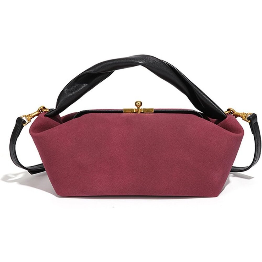 Women Wine Red Faux Suede Shoulder Bag Slouchy Hobo Bag with Detachable Strap